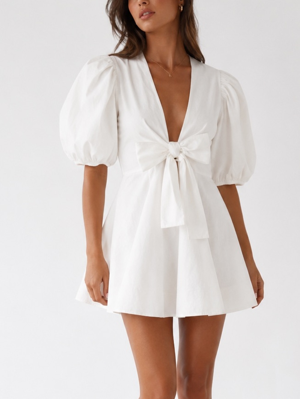 Choosy White Puff Sleeve Bow Front Babydoll Fit Flare Mini Dress